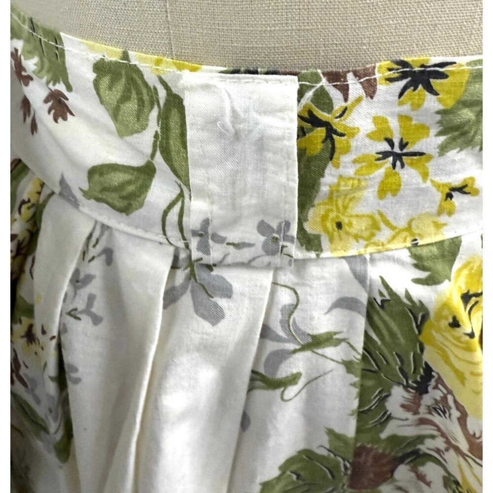 50s VTG White Cotton Floral Skirt Yel/Brw/Green Pleated Metal Zipper Belt Loops - Picture 3 of 5